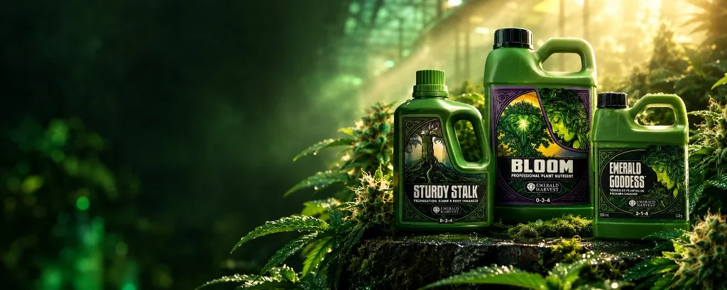 Nutrientes Emerald Harvest Bloom, Sturdy Stalk y Emerald Goddess en cultivo indoor